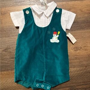 NWT Vintage Teal 2 Piece Velvet Baby Romper with Snowman Embroidery